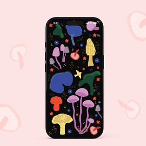 Puede incluir: Funda de teléfono inteligente negra con un diseño de setas de colores, incluyendo rosa, amarillo y azul. El diseño presenta ilustraciones de setas sobre un fondo negro. El fondo es rosa claro con ilustraciones de setas.