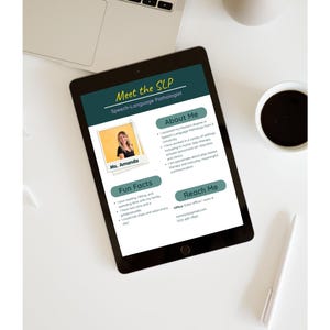 May include: A tablet displaying a professional profile titled "Meet the SLP, Speech-Language Pathologist." The profile includes a photo, "About Me" and "Fun Facts" sections, and contact information. A laptop, pen, coffee cup, and decorative object are also visible.