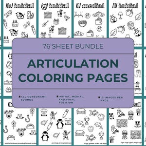Può includere: Un pacchetto di 76 fogli da colorare per l'articolazione con disegni al tratto in bianco e nero di vari oggetti organizzati per suoni consonantici e posizioni. La sovrapposizione viola centrale mostra il testo 76 SHEET BUNDLE ARTICULATION COLORING PAGES.