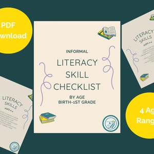 Pode incluir: Em um fundo verde-azulado, um documento central creme intitulado "Informal Literacy Skill Checklist" para idades do nascimento à 1ª série. A imagem inclui "PDF Download" e "4 Age Ranges" em círculos amarelos e três documentos adicionais.