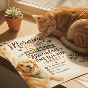 Pode incluir: Uma folha impressa intitulada Morning Rush and Dog Walk Breakfast Time-Blocking Sheet com um golden retriever usando uma bandana verde, gráficos de pegadas e texto incluindo Pet Care Daily Planner e Schedule Template.