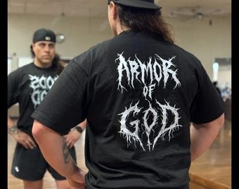 Gods Food Armor of God T-shirt. Workout Gear Religious Metal/Black metal font