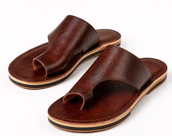 Men's Genuine Brown Leather Sandals – Handmade Thong Sandals from Morocco