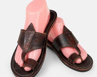 Sandalias marroquíes de cuero marrón para hombre – Zapatillas abiertas con tira entre los dedos – Artesanía tradicional