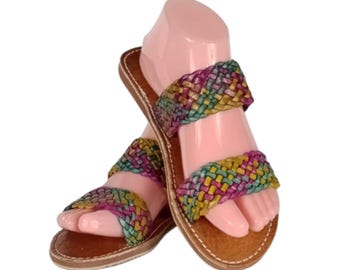 Multicolored handcrafted Berber Moroccan sandals – genuine leather handmade in Morocco – traditional crocheted slippers