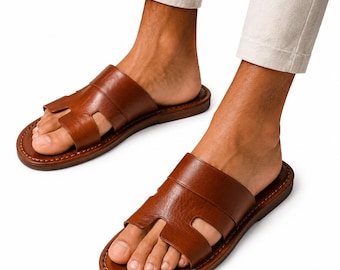 Men's Moroccan Brown Genuine Leather Sandals – Handmade in Marrakech