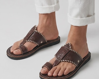 Men's Leather Sandals | Traditional Handcrafted Sandals with Dark Brown Engraved Designs