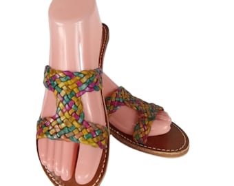 Women's Moroccan Leather Sandals – Multicolored Gold Berber Style – Comfortable and Breathable Summer Sandals – Handcrafted Shoes