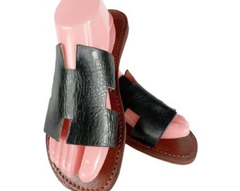 Men's Berber Moroccan sandals in black leather – Handcrafted open slippers – Comfortable summer shoes