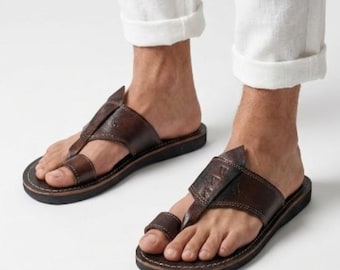 Sandalias marroquíes de cuero marrón para hombre – Zapatillas abiertas con tira entre los dedos – Artesanía tradicional