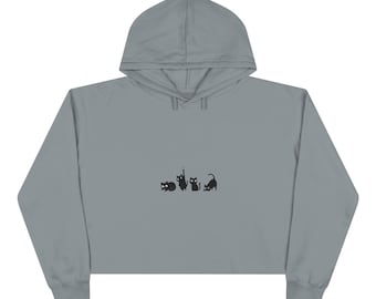 Sudadera corta con capucha / Silueta minimalista de gato negro, mezcla de algodón acogedor, corte relajado.