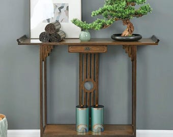 Chinese Style Console Table Entryway Accent Table with Drawer and Storage Shelf Wooden Hallway Furniture Decor