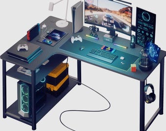 L Shape Gaming Desk with USB Charging Port and Shelf 120cm Corner Computer Table Home Office PC Workstation