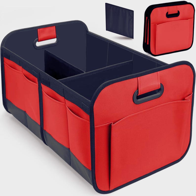 May include: A red and navy blue car organiser with multiple compartments and exterior pockets. The organiser has a handle for easy carrying and is designed to keep items organised in a vehicle. Includes a separate, smaller organiser.
