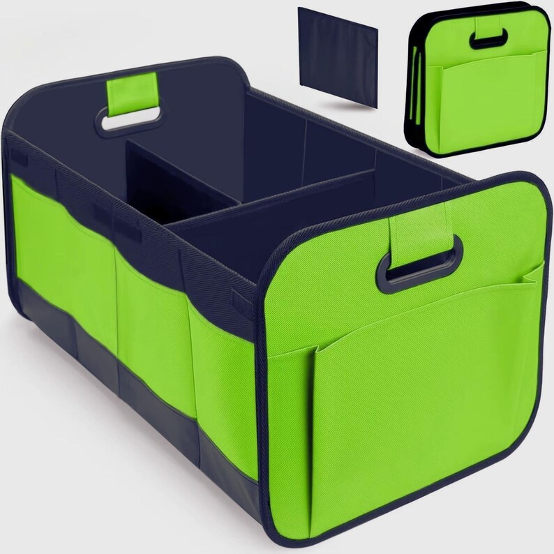 May include: A green and navy blue car organiser with multiple compartments and handles. The organiser has a rectangular shape with a large main section and several smaller pockets. A smaller, foldable version is also shown.
