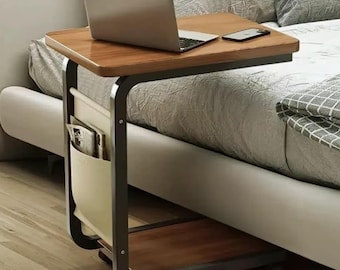 Rullande C-format sidobord med förvaringsficka i trä, soffa vid sängbordet, perfekt för sovrum, vardagsrum, kontor