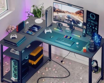 Mesa de jogos em formato de L com porta de carregamento USB e prateleira, 120 cm, mesa de canto para computador, estação de trabalho para PC em casa ou no escritório.