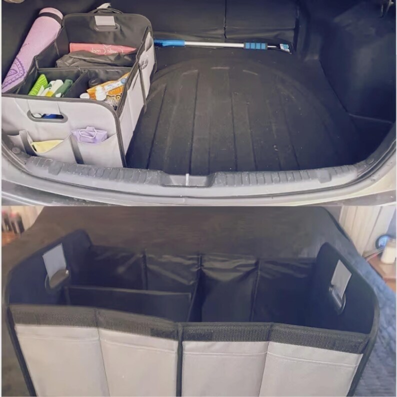 May include: A grey and black car boot organiser with several compartments and pockets. The organiser is filled with various items, including cleaning supplies, a yoga mat, and other personal belongings. The boot is open, revealing the interior.