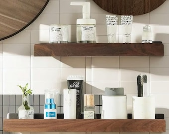 Wooden Bathroom Shelf Wall Mounted No Drill Shower Shelf Solid Wood Storage Rack Toilet Organizer Rustic Bathroom Decor