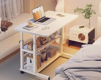 Adjustable Bedside Table with Wheels 3 Tier Mobile Laptop Desk Rolling Side Table for Bedroom Living Room Office Ergonomic