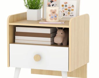 Kids Nightstand Wooden Bedside Table with Drawer Oak White Childrens Bedroom Furniture Small Bedside Storage Table