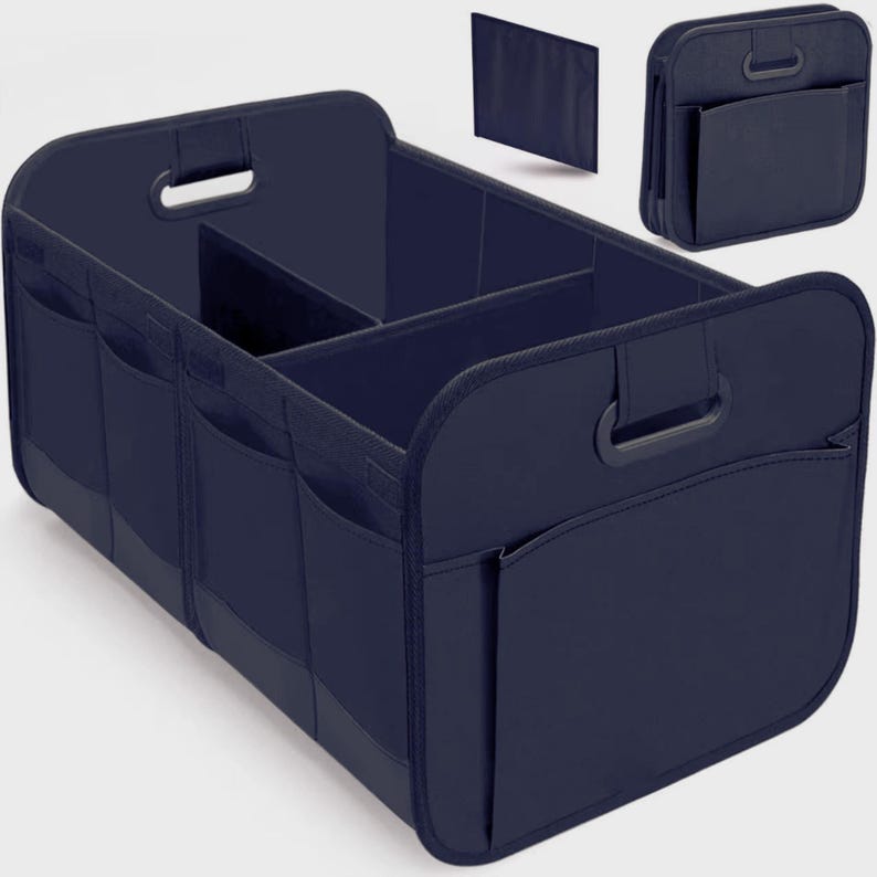 May include: A navy blue car organiser with multiple compartments and pockets. The organiser has a handle on each end and is designed to keep items secure and organised. Includes a separate, foldable panel.