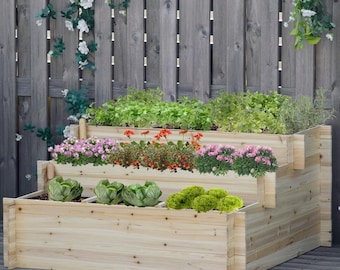 Wooden Raised Garden Bed 3 Tier Planter Box Outdoor Herb Flower Vegetable Planter with Geotextile Fabric Inlay Garden Feature Eyecatching