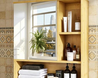 Bambus-Wandschrank-Badezimmer-Schrank an der Wand befestigt für Eingangsbereich-Küchen-Waschschrank mit Spiegel-verstellbarem Regal