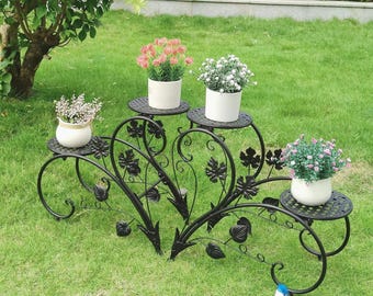 Metal Plant Stand 4 Tier Flower Pot Rack Rustproof Indoor Outdoor Plant Shelf for Balcony Garden Patio Office Decor