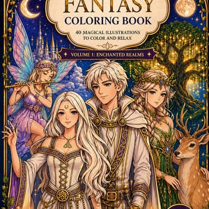 Puede incluir: Portada de un libro para colorear de fantasía con el título "FANTASY COLORING BOOK" y el texto "40 MAGICAL ILLUSTRATIONS TO COLOR AND RELAX". La portada presenta personajes de fantasía, un hada, un ciervo y un castillo.