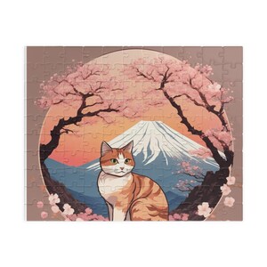 Calico Cat with Mount Fuji and Cherry Blossoms Puzzle