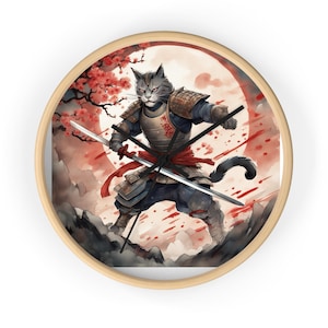 Samurai Kattenkrijger Wandklok | Japanse Harnas, Kersenbloesem Kunst