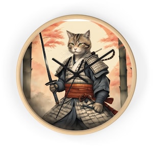 Muurklok met illustratie van een samoeraikat | Japans harnas, bamboe achtergrond