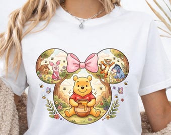 Winnie the Pooh Friends Bow DTF Transfer, Bear and Friends Cartoon Ready To Press, Woodland Character Heat Print