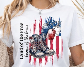 Land of the Free Because of the Brave DTF Transfer, Patriotic Military Ready To Press, USA Flag Boots Heat Print