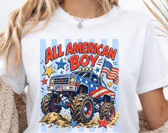 Patriotic Monster Truck DTF Transfer, All American Boy Ready To Press, Patriotic Kids Heat Print