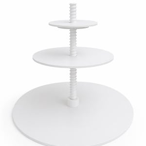 May include: A white, three-tiered serving stand. The stand features three circular platforms of varying sizes, connected by a central, threaded rod. The base platform is the largest, followed by a middle tier, and a smaller top tier. The stand is made of a solid, opaque white material.