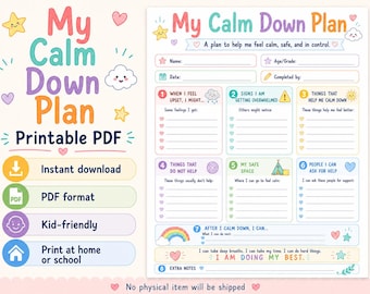 My Calm Down Plan Worksheet, Calm Down Printable, Emotional Regulation Tool, Kids Coping Skills, Autism ADHD Support