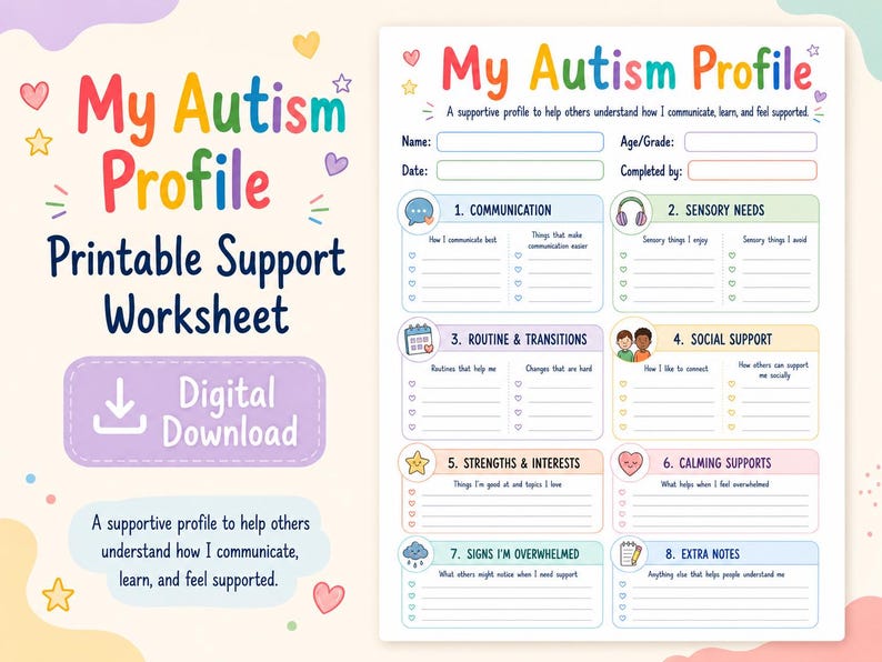 My Autism Profile Worksheet, Autism Support Printable, Neurodivergent ...