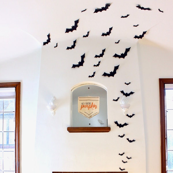 Black Bat Wall Hanging - Halloween Card Stock Cut-outs - 30 Pieces