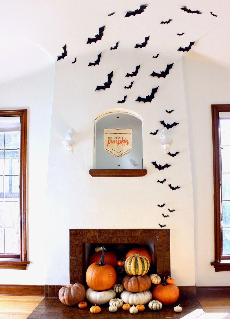 Black Bat Wall Hanging - Halloween Card Stock Cut-outs - 30 Pieces 