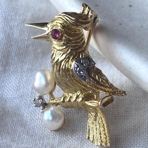 May include: A gold bird brooch featuring a textured finish, a small pink gemstone eye, and a silver-toned wing accent. The bird is perched on a branch holding two white pearls and a small clear gemstone, showcasing intricate metalwork details.
