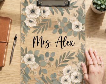 PERSONALIZABLE Acrylic Clipboard, CUSTOMIZABLE Name Floral Boho Office Supply, Teacher Gift, Coworker Gift, Back To School Supply For Her