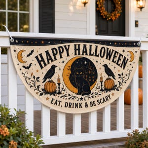 Op de afbeelding: Een halfronde stoffen banner met een crèmekleurige achtergrond en zwarte illustraties van een kat, een maansikkel, pompoenen, raven en een kasteel. De tekst luidt HAPPY HALLOWEEN en EAT, DRINK & BE SCARY in een decoratief zwart lettertype.