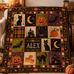 May include: A Halloween-themed patchwork quilt featuring a black border with orange leaves and pumpkins. The quilt displays squares with black cats, jack-o'-lanterns, bats, crescent moons, haunted houses, and a witch hat. The center square reads ALEX.