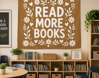 Reading Tapestry, Read More Books Classroom Wall Decor, Floral Bookish Library Banner, Cute Teacher Gift For Kids Reading Corner Room