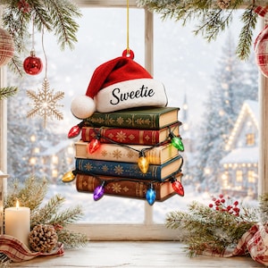 Personalized Book Lover Ornament, Custom Name Christmas Book Stack, Santa Hat Reader Gift, Acrylic Or Wood Ornament, Holiday Bookish Decor