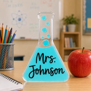 Targa acrilica personalizzabile per insegnanti, decorazione personalizzabile per becher da laboratorio scientifico, simpatico regalo per la classe, regalo di compleanno per insegnante di scienze