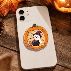 Soporte magnético acrílico para teléfono, lindo diseño de fantasma de calabaza de Halloween, accesorio de bruja de dibujos animados, regalo espeluznante de otoño para niños y mejores amigos.