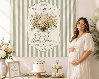 PERSONALIZABLE Baby Shower Tapestry, CUSTOMIZABLE Floral Nursery Backdrop, Sage Green Welcome Baby Wall Decor, Girl Shower Gift For Mom